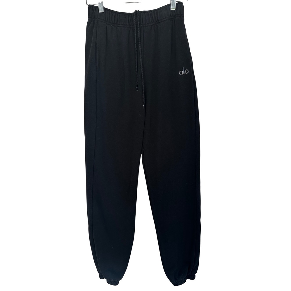 Alo Yoga Accolade Sweatpant Black Relaxed Joggers French Terry Chrome Logo Small